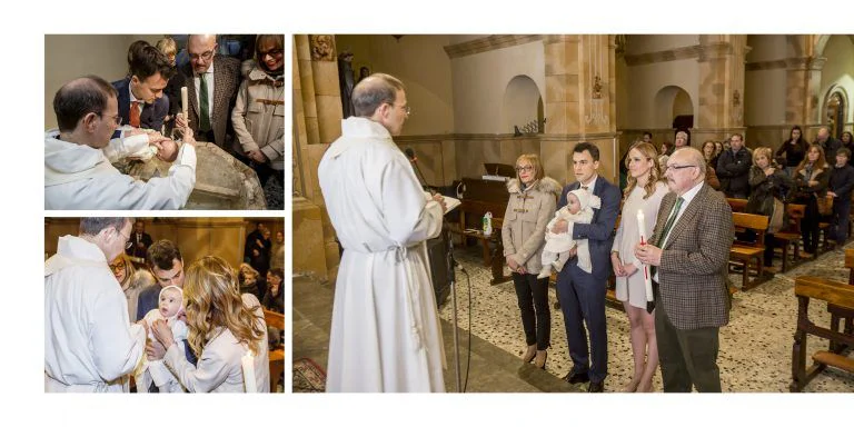 Reportaje de Bautizo de Sandra Montemayor - Fotógrafo de Tarragona Fotografía de una familia y el cura en el altar durante la celebración de un bautizo en Tarragona