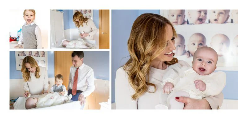 Reportaje de Bautizo de Sandra Montemayor - Fotógrafo de Tarragona Fotografías de una familia posando con su bebé en casa para la celebración del bautizo del pequeño en Tarragona, por el fotógrafo Juan Segovia