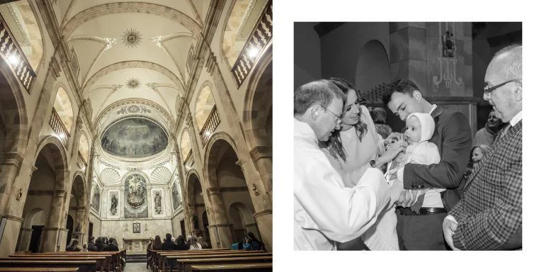 Reportaje de Bautizo de Sandra Montemayor - Fotógrafo de Tarragona Fotografía de la iglesia y la familia con el cura durante la celebración de un bautizo en Tarragona