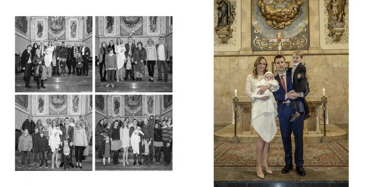 Reportaje de Bautizo de Sandra Montemayor - Fotógrafo de Tarragona Fotografías de grupos de familia en el altar de la iglesia por la celebración del bautizo del pequeño en Tarragona